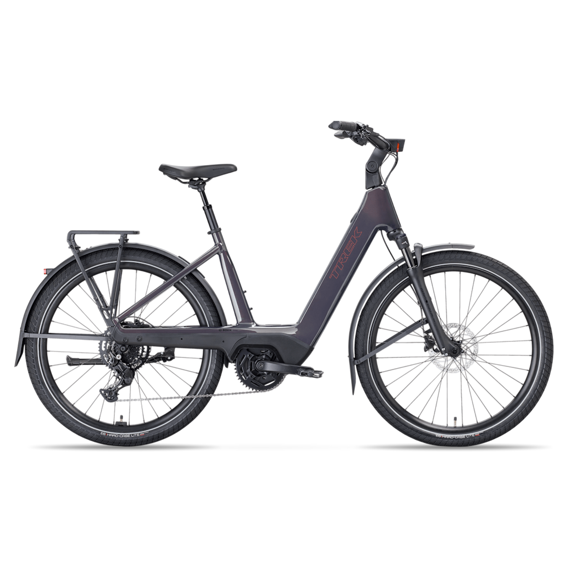 Vélo hybride électrique Trek Charter+ 4 Lowstep 2027, trois-quarts avant