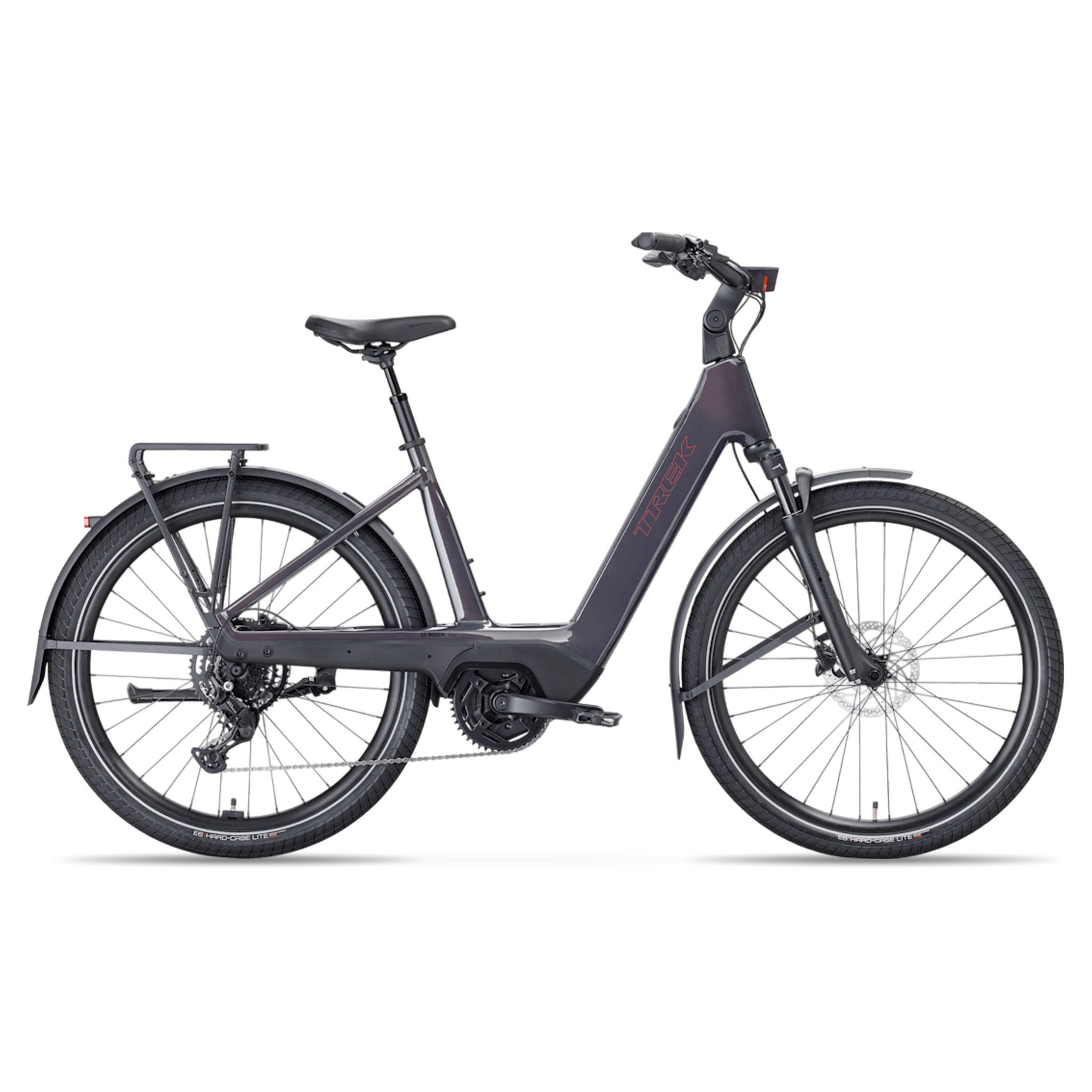 Vélo hybride électrique Trek Charter+ 4 Lowstep 2027, trois-quarts avant
